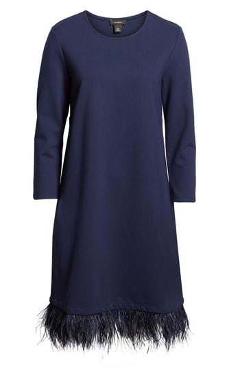 Women's Halogen Ponte Feather Trim Shift Dress - Blue