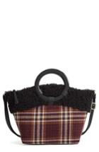 Bp. Ring Handle Plaid Tote With Faux Shearling Trim - Red
