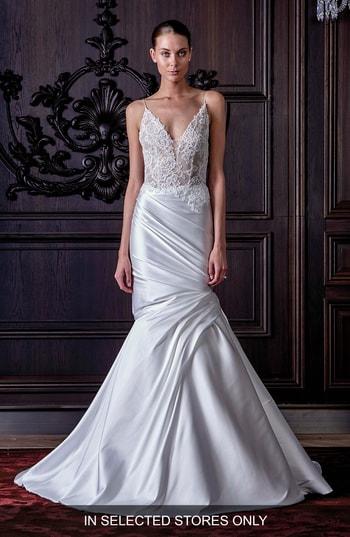 Women's Monique Lhuillier Hadley Chantilly Lace & Mikado Trumpet Gown, Size In Store Only - White