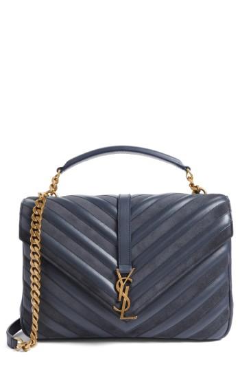 Saint Laurent Medium College Patchwork Suede & Leather Shoulder Bag - Grey