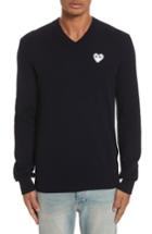 Men's Comme Des Garcons Play White Heart Wool V-neck Sweater - Blue