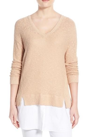 Women's Two By Vince Camuto Poplin Inset V-neck Sweater
