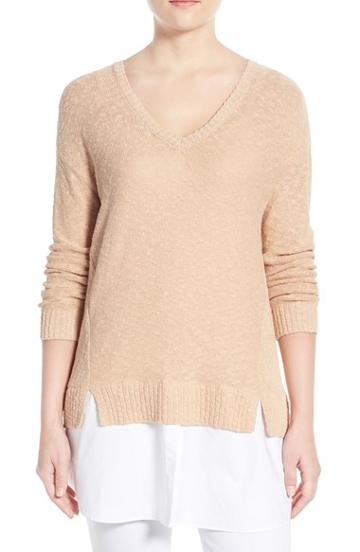 Women's Two By Vince Camuto Poplin Inset V-neck Sweater