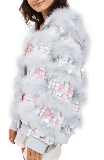 Women's Topshop Madge Paillette & Feather Hooded Jacket - Purple