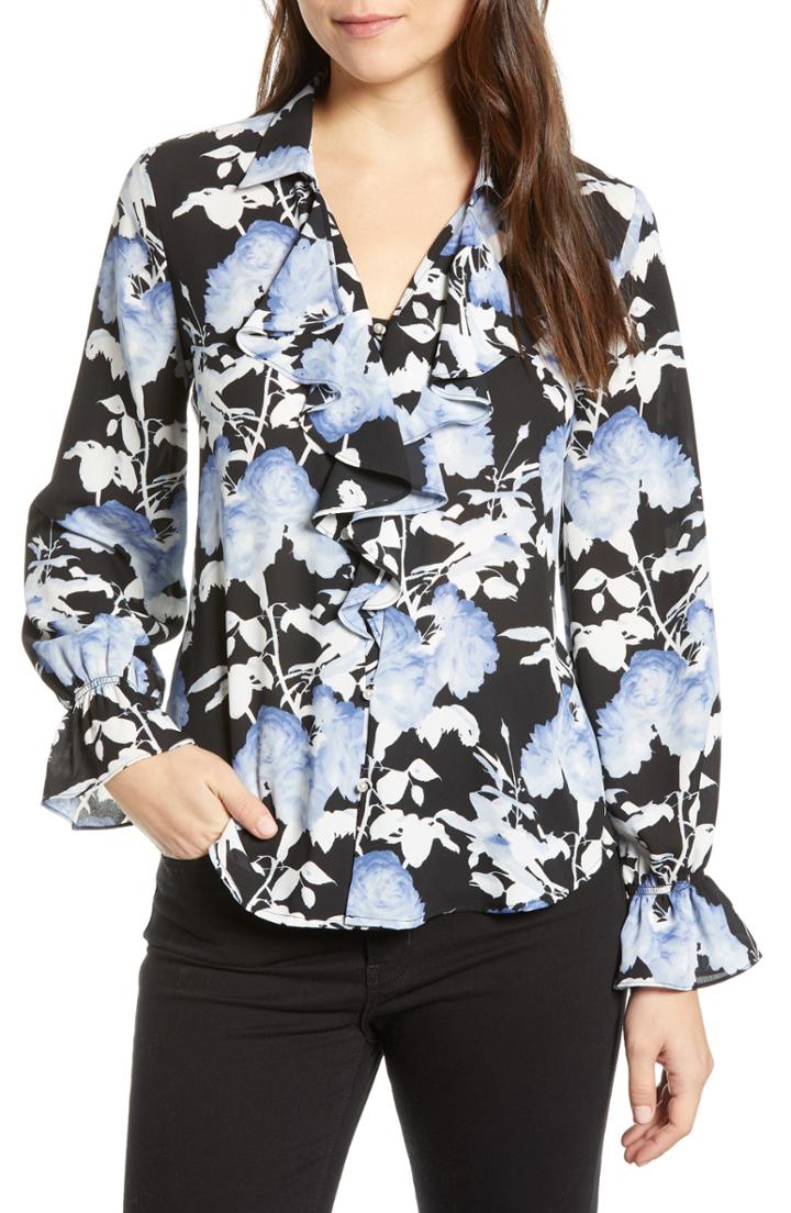 Women's Karl Lagerfeld Paris Print Ruffle Front Blouse - Grey
