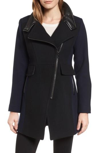 Women's Trina Turk Eleanor Leather Trim Wool Blend Coat