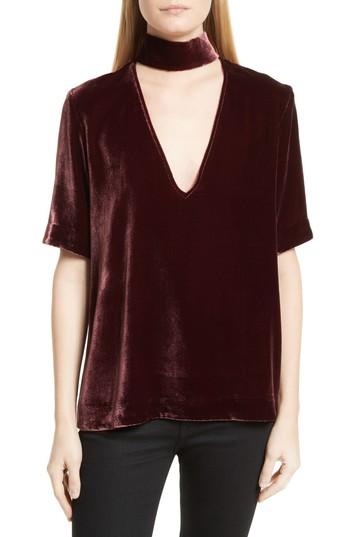 Women's Theory Choker Collar V-neck Velvet Top - Burgundy
