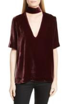 Women's Theory Choker Collar V-neck Velvet Top - Burgundy