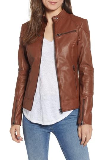 Women's Lamarque Stitch Detail Lambskin Racer Jacket - Brown