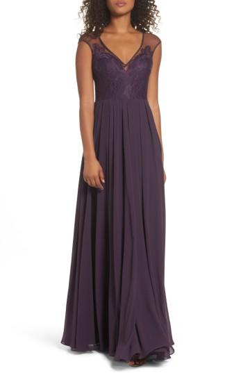 Women's Hayley Paige Occasions Mixed Media A-line Gown - Purple