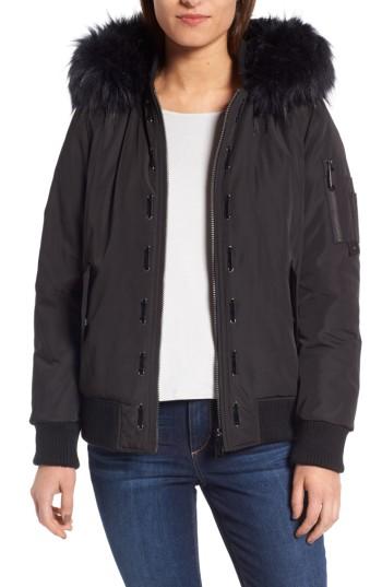 Women's Sam Edelman Faux Fur Trim Hooded Satin Bomber Jacket - Black