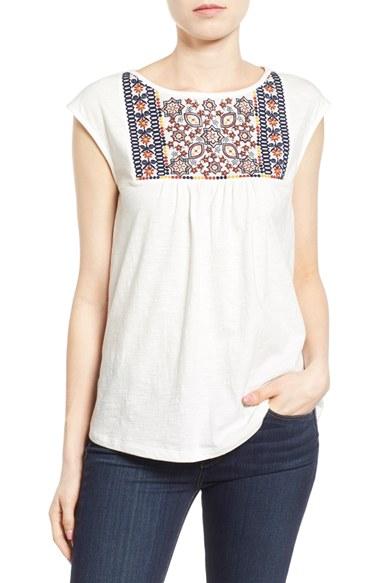Women's Caslon Embroidered Cap Sleeve Knit Top - Ivory