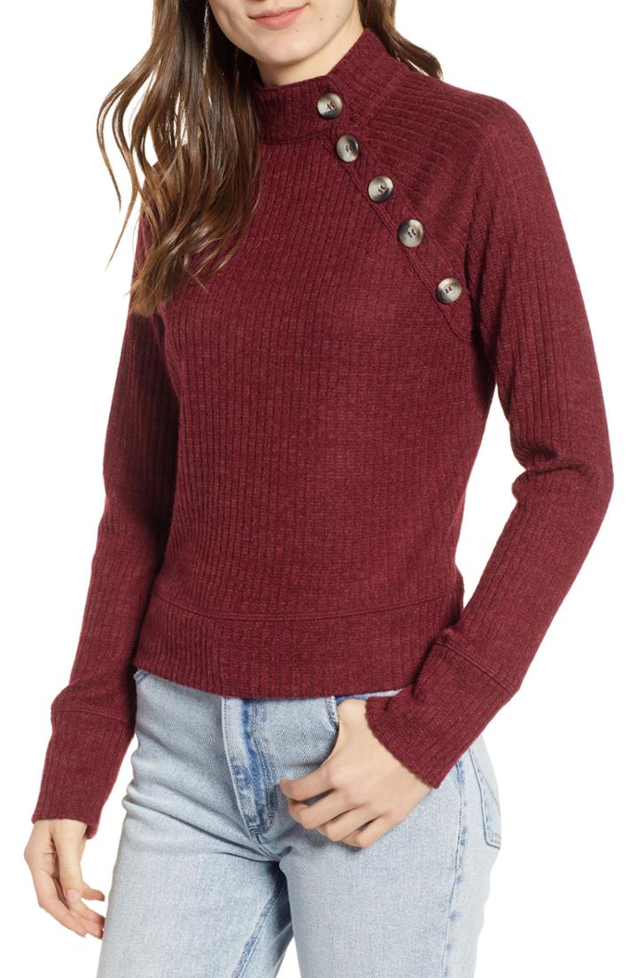 Women's Socialite Mock Neck Button Sweater - Burgundy