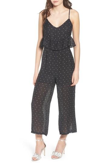 Women's Lost Ink Polka Dot Frill Waist Jumpsuit - Black