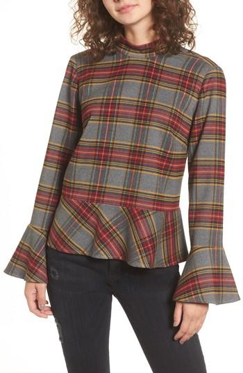 Women's Bp. Plaid Ruffle Hem Shirt - Grey