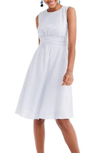 Women's J.crew Tie Waist Seersucker Dress - Blue