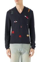 Men's Gucci V-neck Embroidered Wool Sweater - Blue