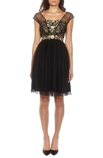 Women's Lace & Beads Embroidered Mesh Skater Dress - Black