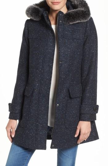 Women's Pendleton Portland Wool Duffle Coat With Genuine Fur Trim - Blue