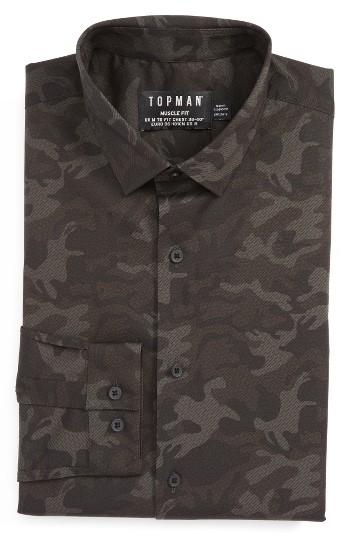 Men's Topman Camo Print Dress Shirt, Size - Green