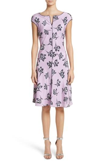 Women's St. John Collection Floral Print Stretch Silk Dress - Purple