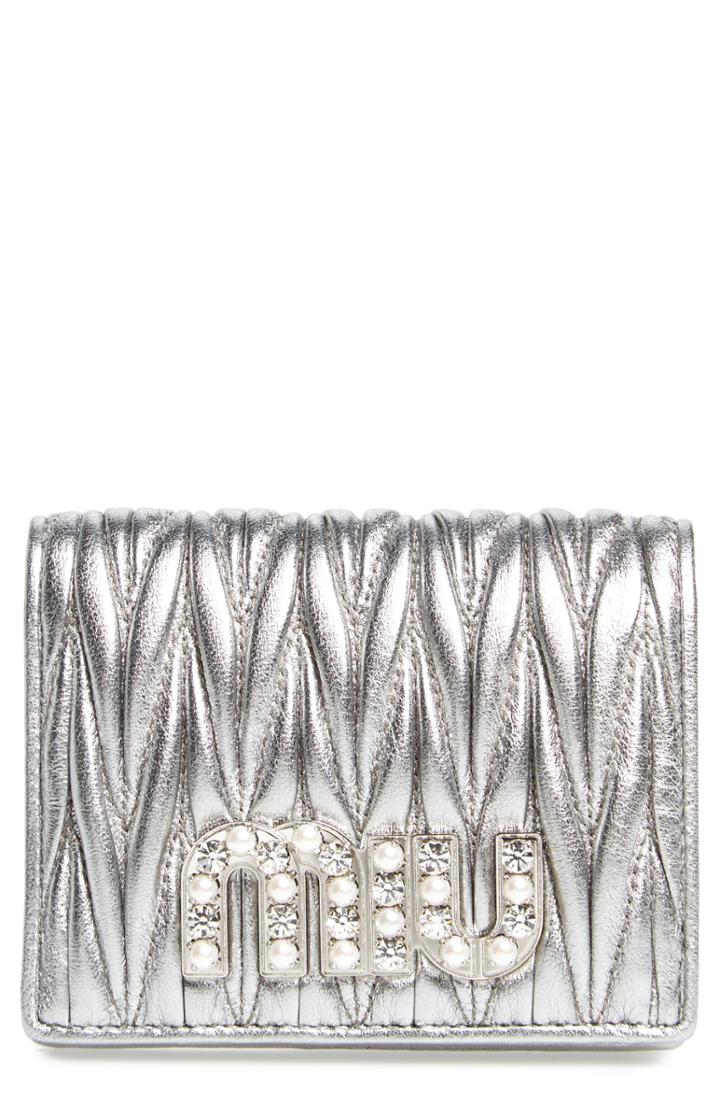 Women's Miu Miu Embellished Logo Matelasse Leather Wallet - Metallic