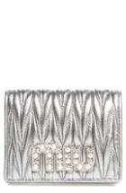 Women's Miu Miu Embellished Logo Matelasse Leather Wallet - Metallic