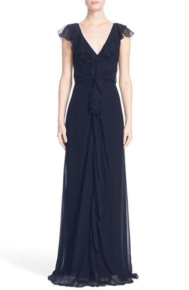 Women's Carolina Herrera Ruffle Detail Silk Chiffon V-neck Gown - Blue
