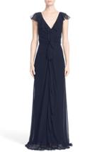 Women's Carolina Herrera Ruffle Detail Silk Chiffon V-neck Gown - Blue