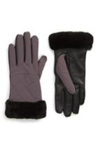 Women's Ugg Water Resistant Touchscreen Quilted Nylon, Leather & Genuine Shearling Gloves /x-large - Grey
