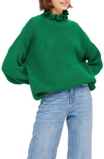 Women's Topshop Frill Neck Sweater Us (fits Like 0-2) - Green