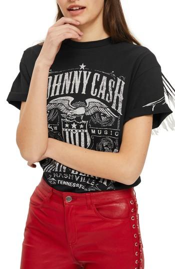 Women's Topshop By And Finally Johnny Cash Fringe Tee Us (fits Like 0) - Black