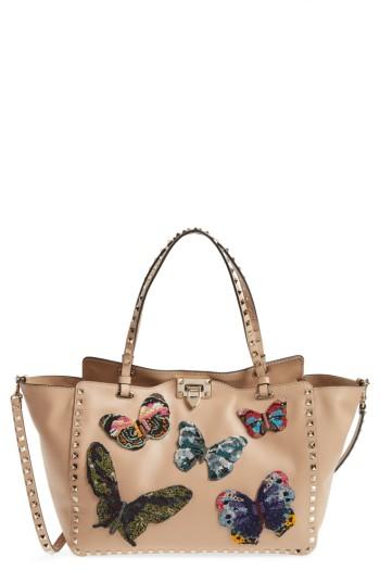 Valentino Garavani Medium Beaded Butterfly Leather Tote -