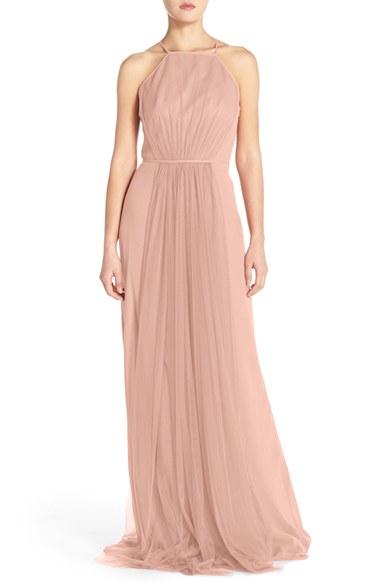 Women's Monique Lhuillier Bridesmaids Chiffon & Tulle Halter Gown - Pink