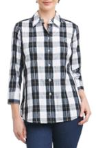 Petite Women's Foxcroft Sue Shaped Fit Crinkle Plaid Shirt P - Black