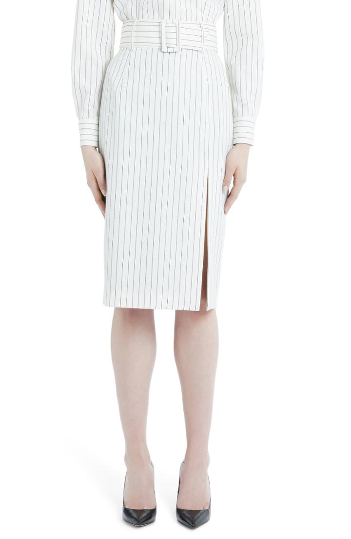 Women's Sara Battaglia Belted Pinstripe Wool Pencil Skirt Us / 38 It - White