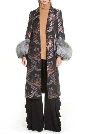 Women's Cinq A Sept Blanche Genuine Fox Fur Cuff Jacquard Coat - Black