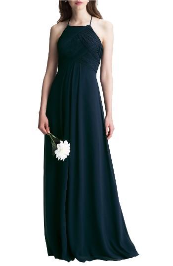 Women's #levkoff Halter Chiffon A-line Gown - Blue
