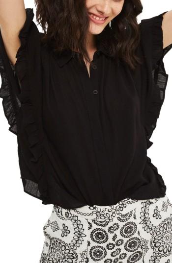 Women's Topshop Katie Frill Sleeve Shirt Us (fits Like 14) - Black