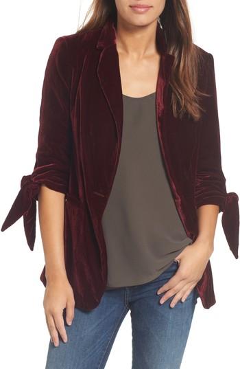Petite Women's Halogen Tie Sleeve Velvet Blazer, Size P - Burgundy