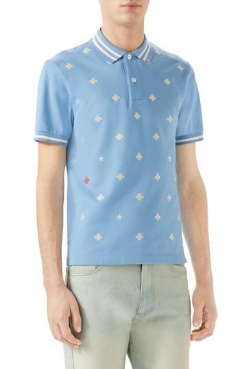Men's Gucci Embroidered Bee Pique Polo - Blue
