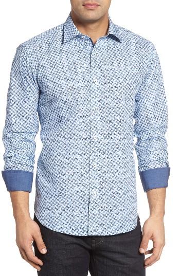 Men's Bugatchi Shaped Fit Houndstooth Sport Shirt - Blue
