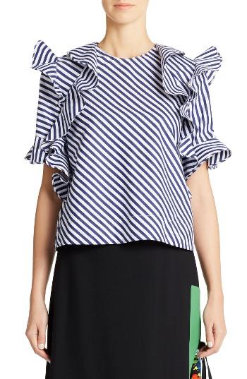 Women's Msgm Ruffle Stripe Cotton Poplin Top