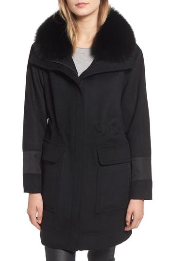 Women's Trina Turk Whitney Genuine Fox Fur Trim Coat - Black