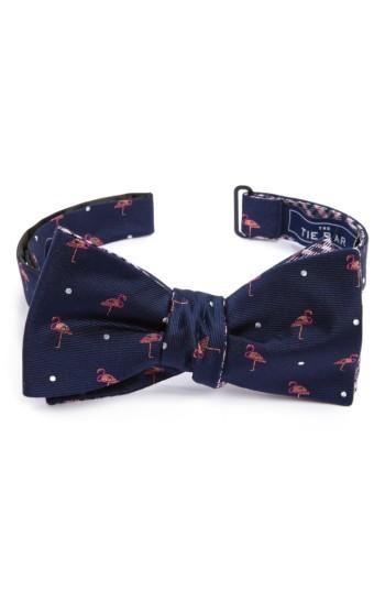 Men's The Tie Bar Flamingo Plaid Reversible Silk & Linen Bow Tie, Size - Blue