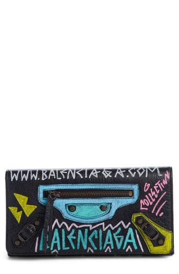 Balenciaga City Graffiti Embellished Calfskin Wallet - Black