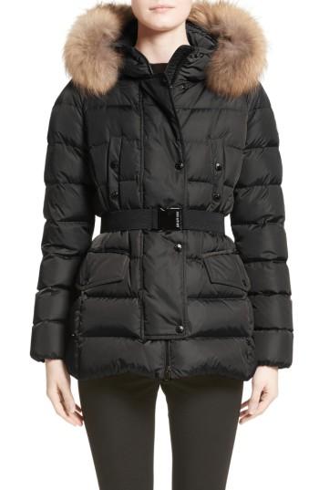 Women's Moncler Clio Belted Down Puffer Coat With Removable Genuine Fox Fur Trim - Black