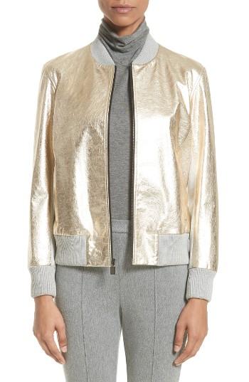 Women's St. John Collection Metallic Leather & Knit Bomber Jacket, Size - Metallic