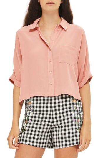 Petite Women's Topshop Kady Roll Sleeve Shirt P Us (fits Like 0p) - Pink
