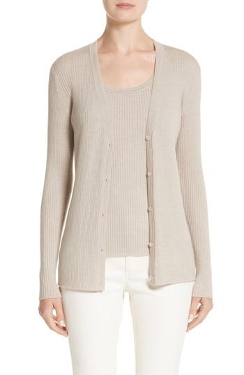 Women's Lafayette 148 New York Metallic Wool Modern Ribbed Cardigan - Beige